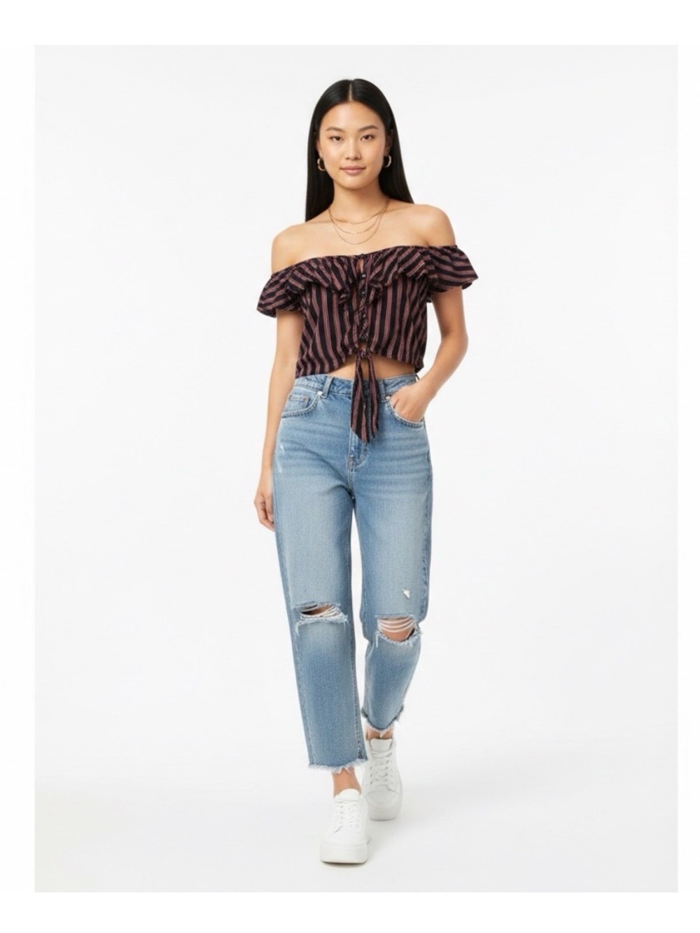 Ambiance Black and Red Off-Shoulder Crop Top-L